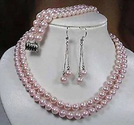 

free shipping>>> 2Rows 8mm Pink South Sea Shell Pearl Necklace bracelet Earrings Set Grade NEW