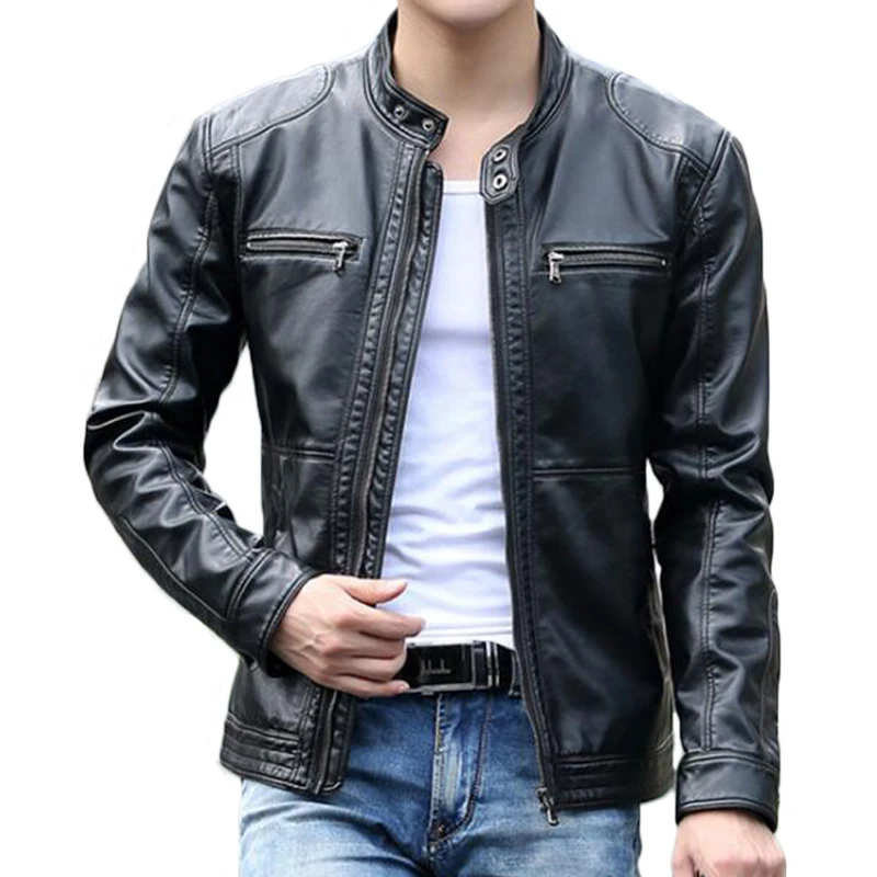 Мужская кожаная куртка с воротником стойкой размеры до 5XL|brand leather jacket men|fashion jackets