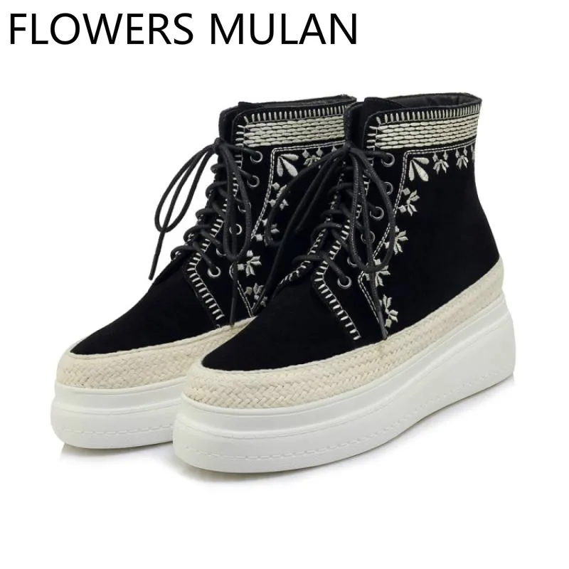 

Wine Red Black Flock Upper with Embroider Flowers Winter Boots Women Round Toe Platform Thick Bottom High Top Casual Shoes Woman