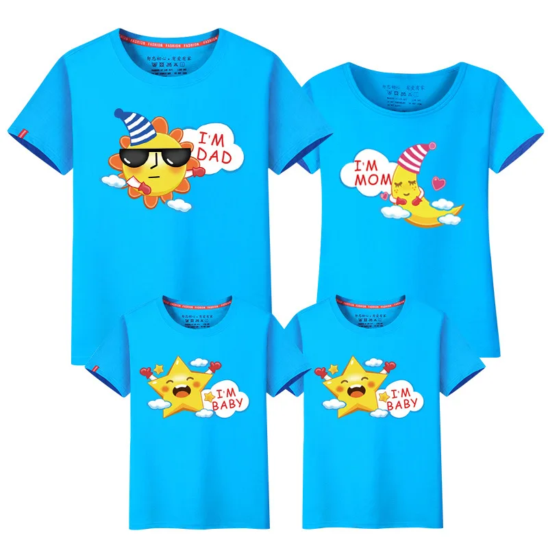 Family Matching Outfit Summer Short Sleeve T Shirt Top Clothes Cotton Mother Father Son daughter Dress Cartoon Sun Moon LD10392
