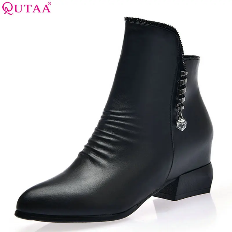 

QUTAA 2019 Women Ankle Boots All Match Platform Zipper Pu Leather Square High Heel Winter Boots Women Boots Big Size 34-40