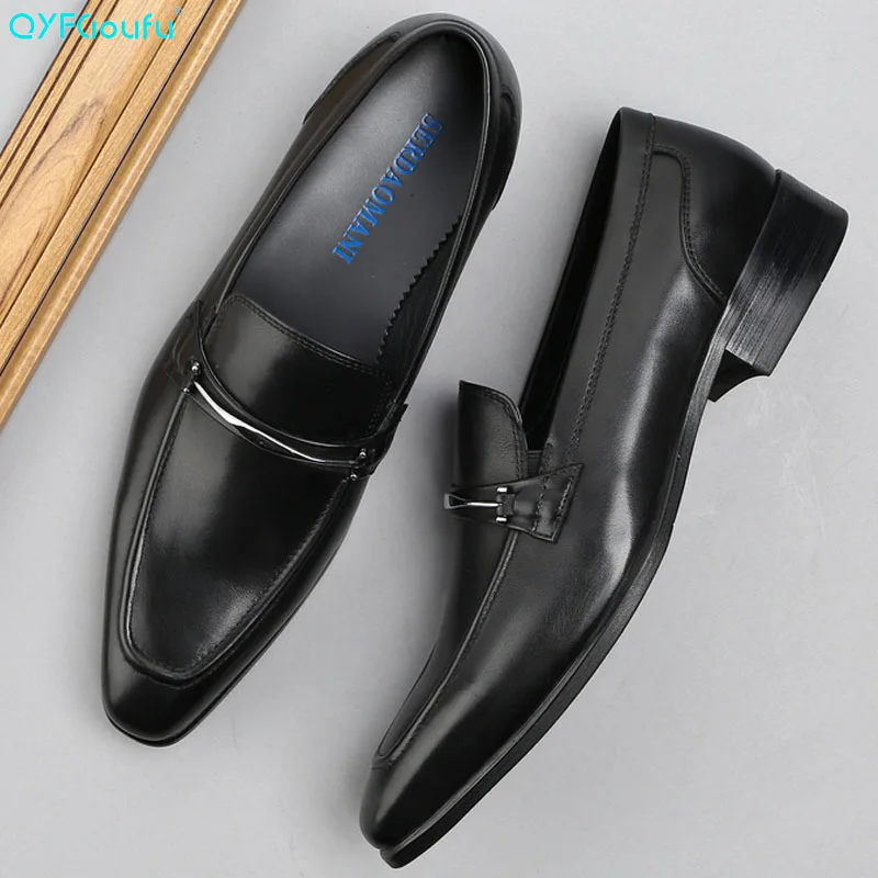 

British Style Slip-on Men Formal Shoe Pointed Toe Genuine Leather Dress Business Shoes Flats Breathable Shoes For Men