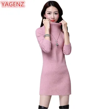 

YAGENZ Fashion Women's Clothing Tops Knitting Sweater Autumn Slim Women Long Section Knitting Sweater White Coat High Collar 202