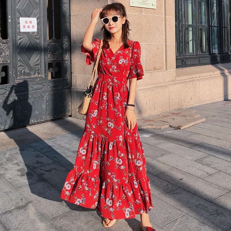 Red Новинка, винтажное пляжное платье в стиле бохо с цветочным принтом, летнее женское вечернее платье, Элегантное Длинное Платье макси с v-образным вырезом, женские платья - Цвет: Red
