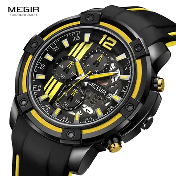 Megir-Reloj deportivo de cuarzo para hombre, cronógrafo amarillo con correa de silicona negra, manecillas luminosas, impermeable 3 atmósferas, código 2097 2