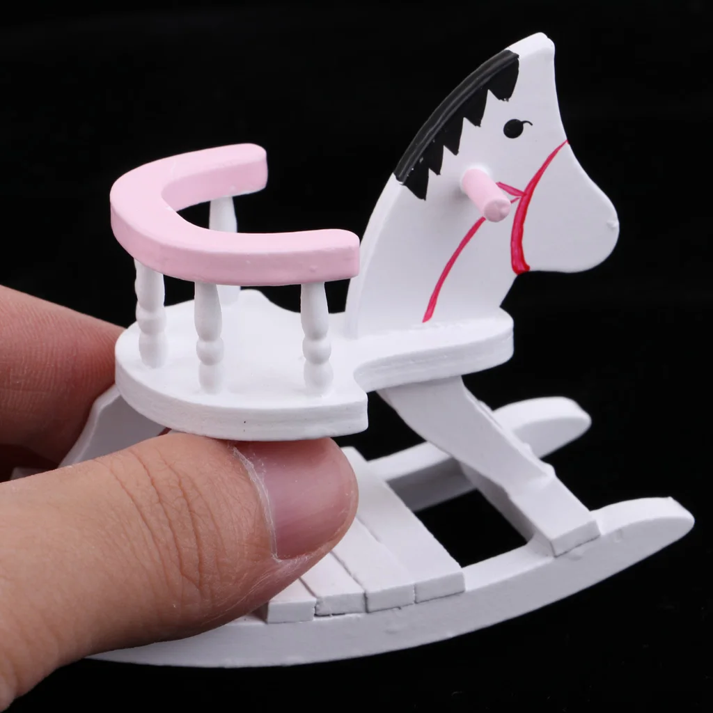 1/12 Dollhouse Miniature Wood Rocking Horse Baby Room Cockhorse Model Accessory Life Scenes White Color