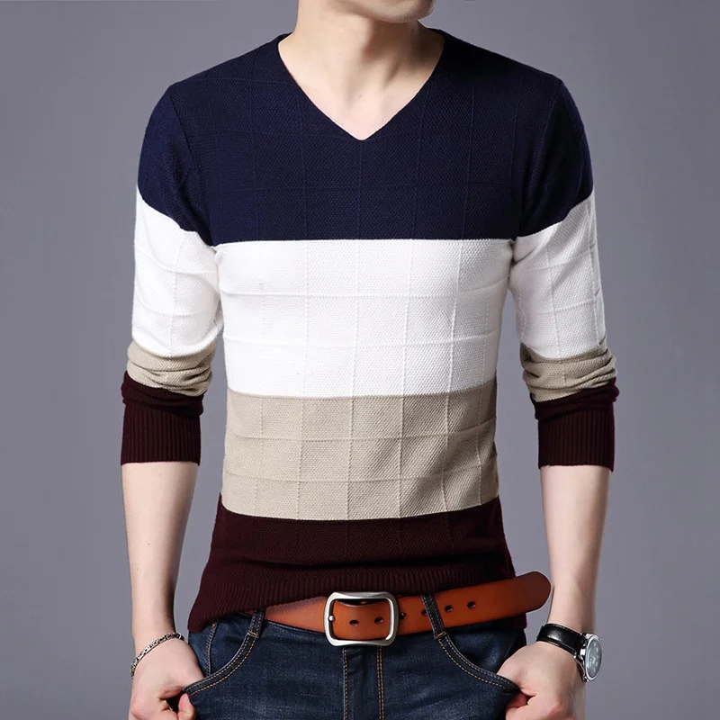 

New 2019 Wnter Autumn Men's Sweaters V-neck Patchwork Fashion Warm Long Sleeve Male Casual Pullover Slim Fit Sweater Navy Red