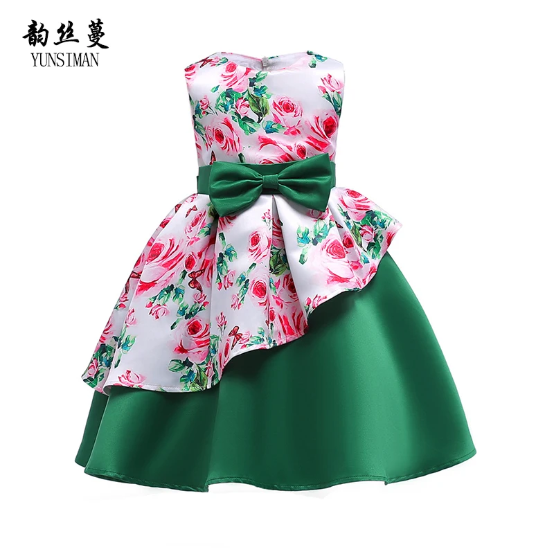 

Baby Girl Green Party Dress for 2 to 10 Years Old Kids Floral Flower Print Cotton Lining Princess Dress Children Clothing 42C27
