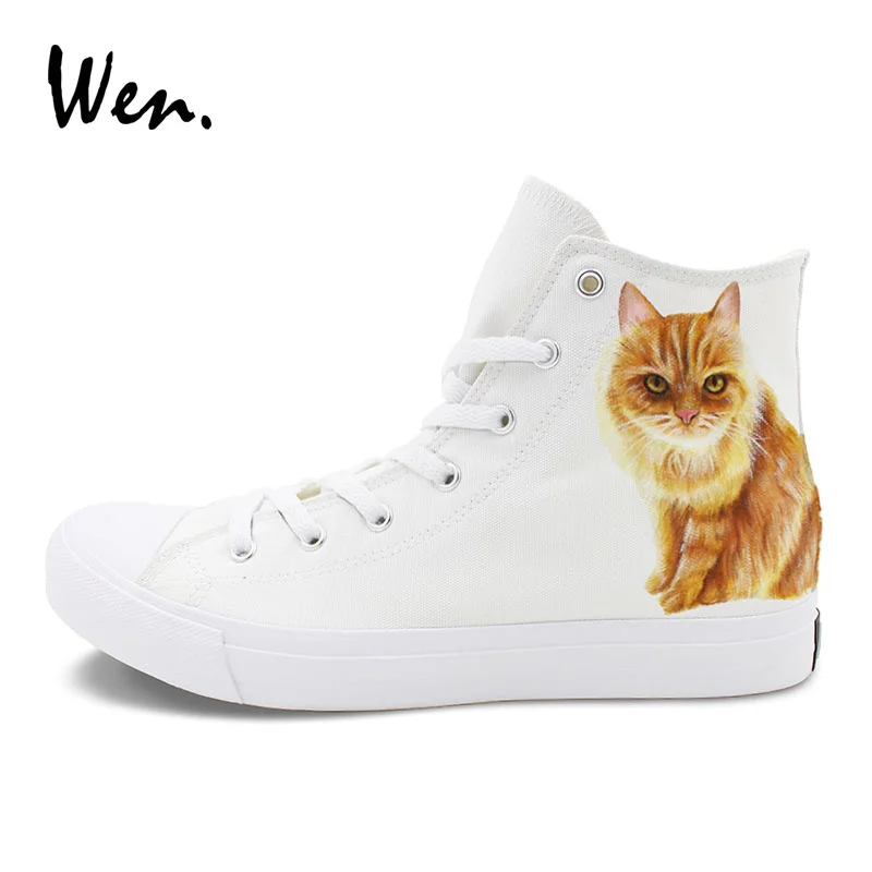 Wen Pet Cat Custom Design Hand Painted Canvas Shoes White High Tops Men