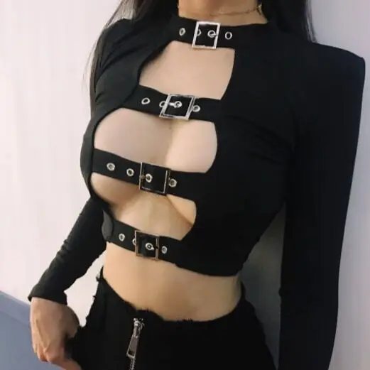 

sexy choker long sleeve rivet crop tops women hollow out buckle casual t shirt khaki black tops female short tight tee T-shirt