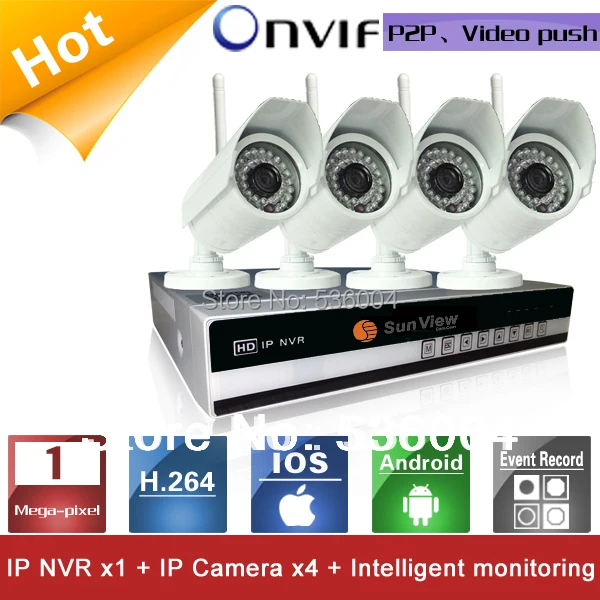 4 Channels NVR KIT 720P 1.0mp Wireless wifi IP Camera P2P Home alarm video push motion sensor CCTV Security Surveillance system |