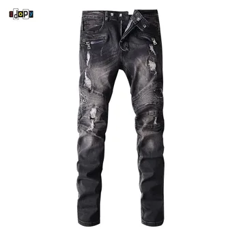 

Idopy Men`s Biker Jeans Ripped Black Designer Hole Stone Washed Slim Fit Straight Motorcycle Denim Joggers Pants For Male