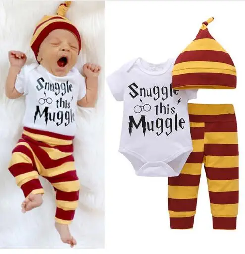 Комплект одежды для малышей из 3 предметов, топы с надписью Muggler для новорожденных мальчиков и девочек, боди + штаны в полоску + шапочка