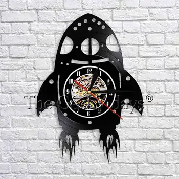 

Rocket Ship Decorative Wall Clock Modern Design Make From Vinyl Record 12" Clock Nursery Wall Art Decor For Kids' Room