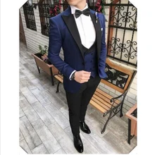Новинка, мужские синие смокинги жениха с черными штанами, заостренный лацкан, мужские костюмы для шафера, блейзер(куртка+ брюки+ жилет