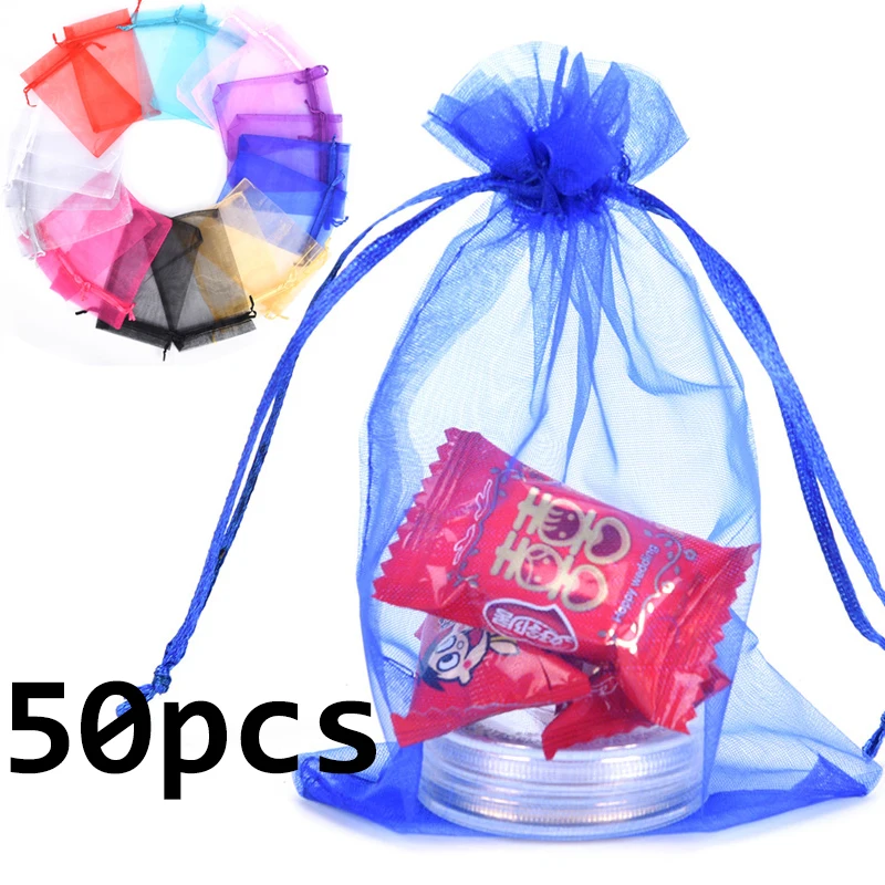 

50pcs/pack Drawable Organza Bags Wedding Christmas Gift Bags Jewelry Packaging Organza Bags & Pouches 7x9 8x10 10x12cm