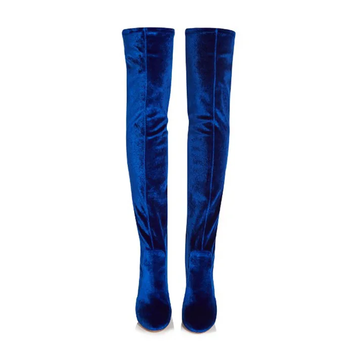 FOREADA/роскошные женские зимние сапоги; бархатные сапоги выше колена; высокие сапоги до бедра на высоком каблуке; Осенняя растягивающаяся обувь на молнии с острым носком; цвет синий, красный - Цвет: Синий