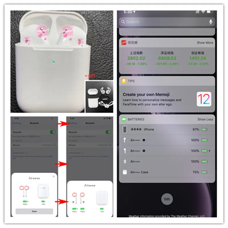 

DHL New ar pods 2 W1 chip 1:1 size headphones,support wireless charging + with animated pop-ups,three real battery+smart sensors