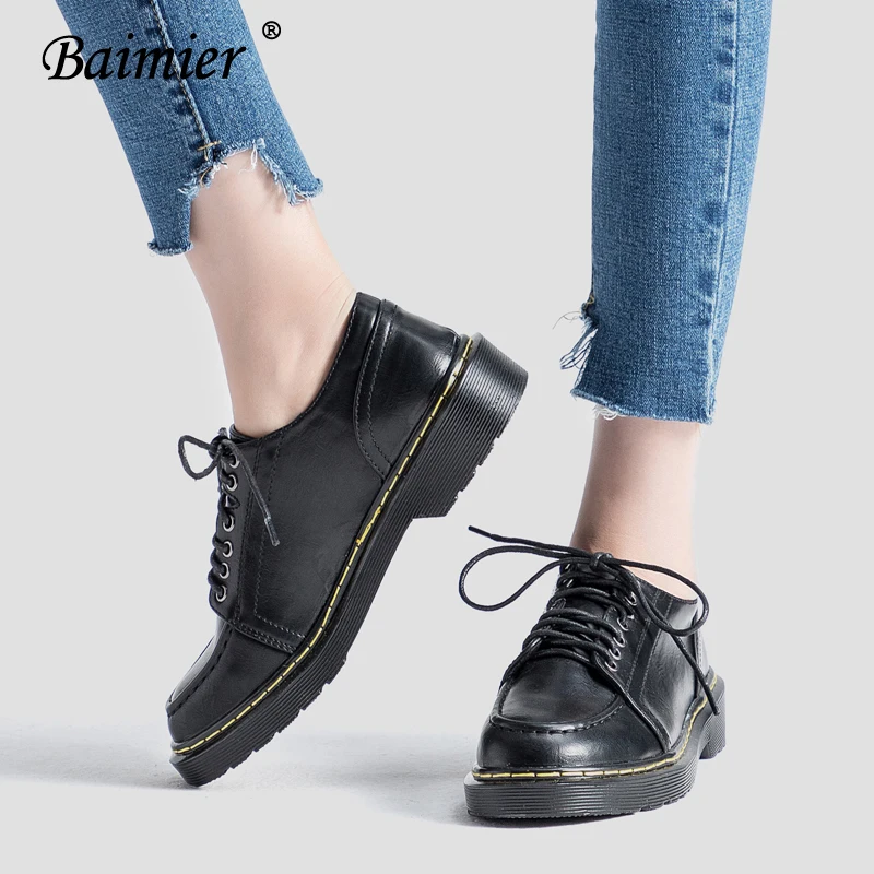 

Baimier Vintage Genuine Leather Flat Shoes Women British Style Lace Up Women Loafers Casual Round Toe Shallow Sewed Shoes Woman