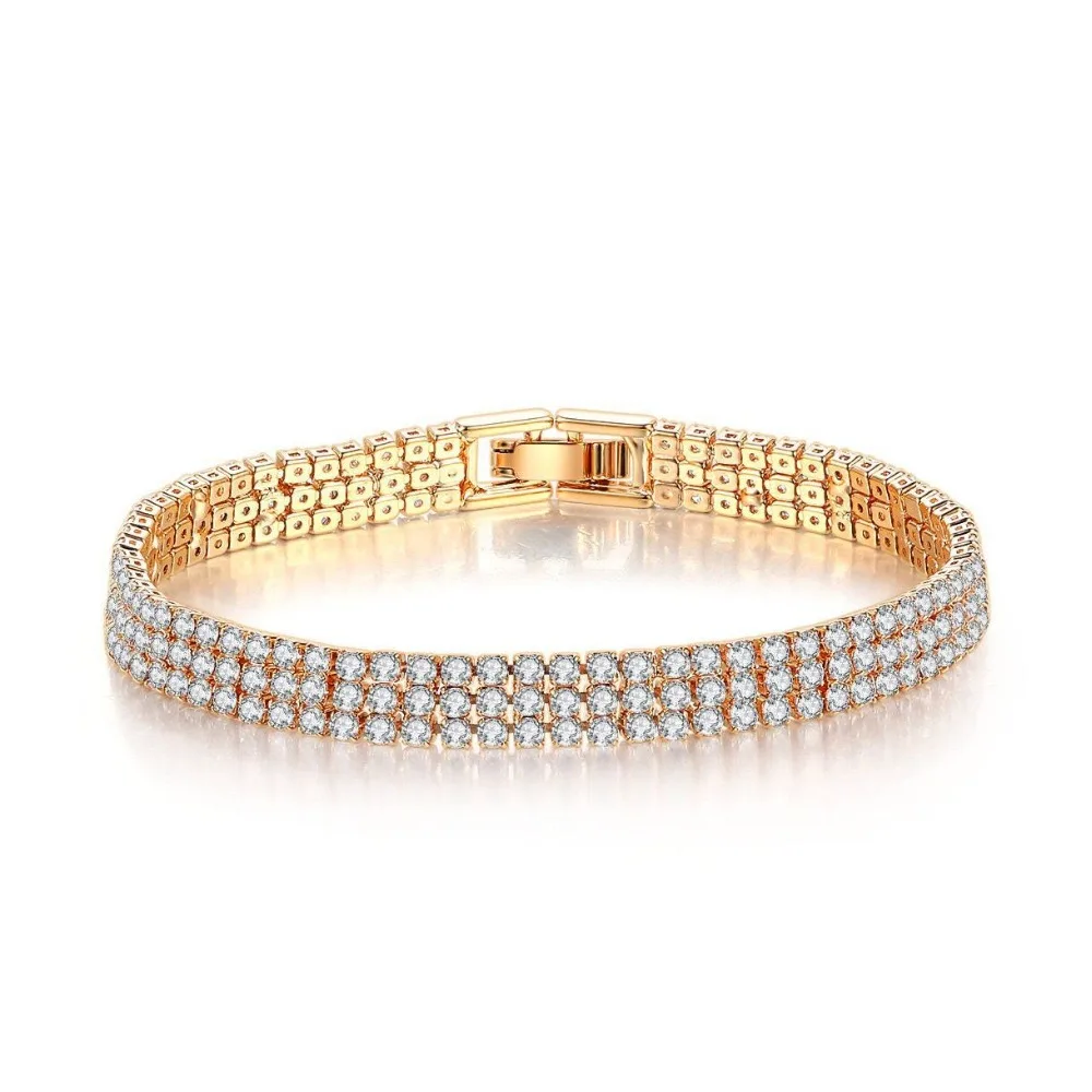 

MxGxFam 18.3 cm Shining 3 line Full Zircon Bracelet For Women 2 Gold Color Choices Fashion Jewelry Lead and Nickel Free