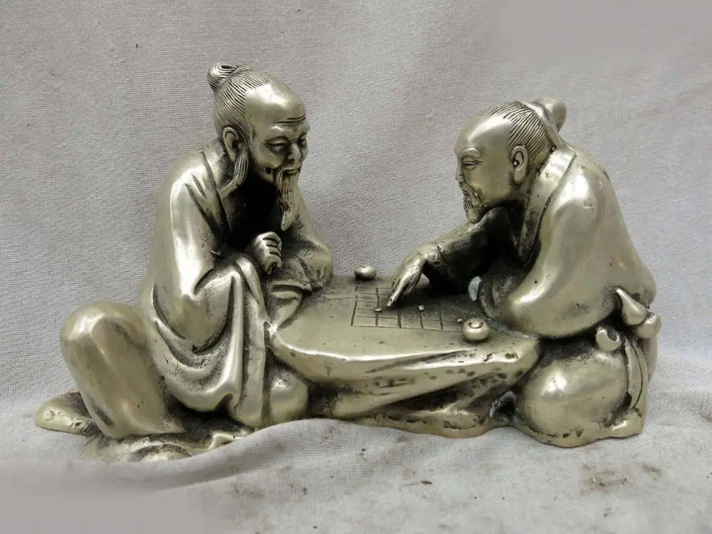 

DS China silver carved finely beautiful two old man play chess Sculpture Statue