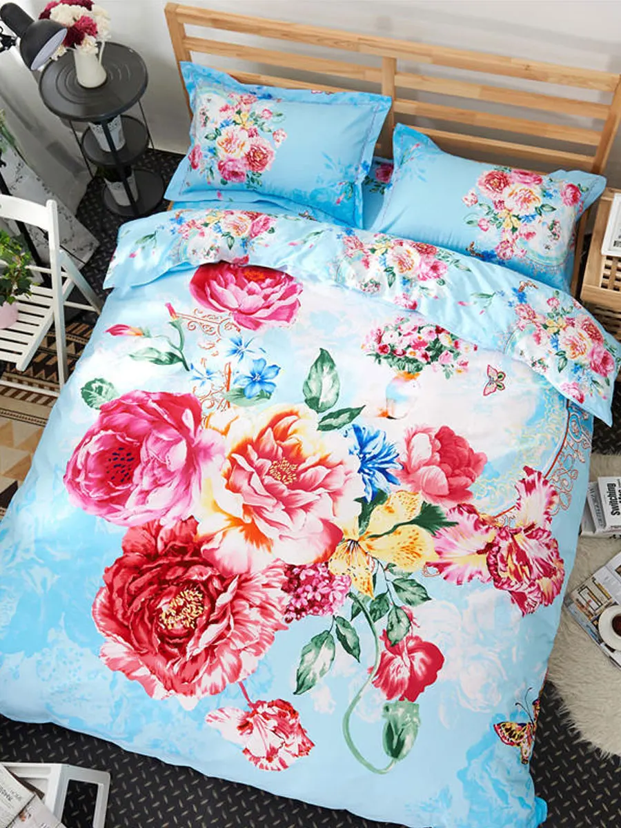 

4Pcs Duvet Cover Set Pastoral Style Colorful Flowers Printed Supple Bedding Set