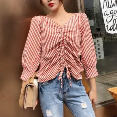 women Shirts Spring Autumn 2019 New Loose female V Neck Plaid casual Puff Sleeve tops