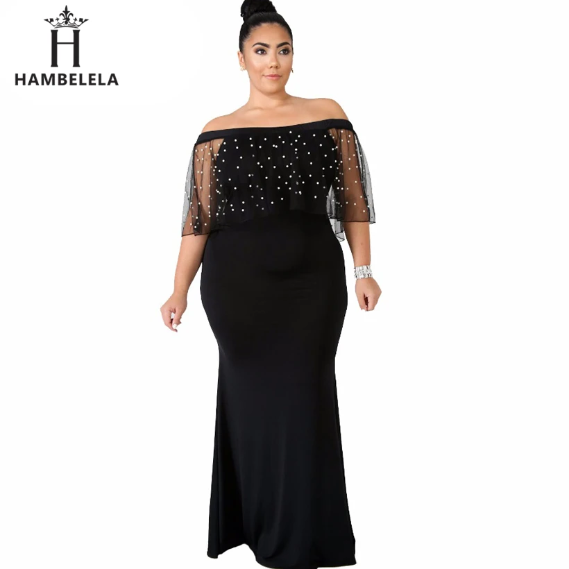 HAMBELELA Women Off Shoulder Maxi Dress Elegant Beaded Mesh Sleeve Bodycon Long Dresses Sexy Mermaid Gown Party Vestido De Festa (2)