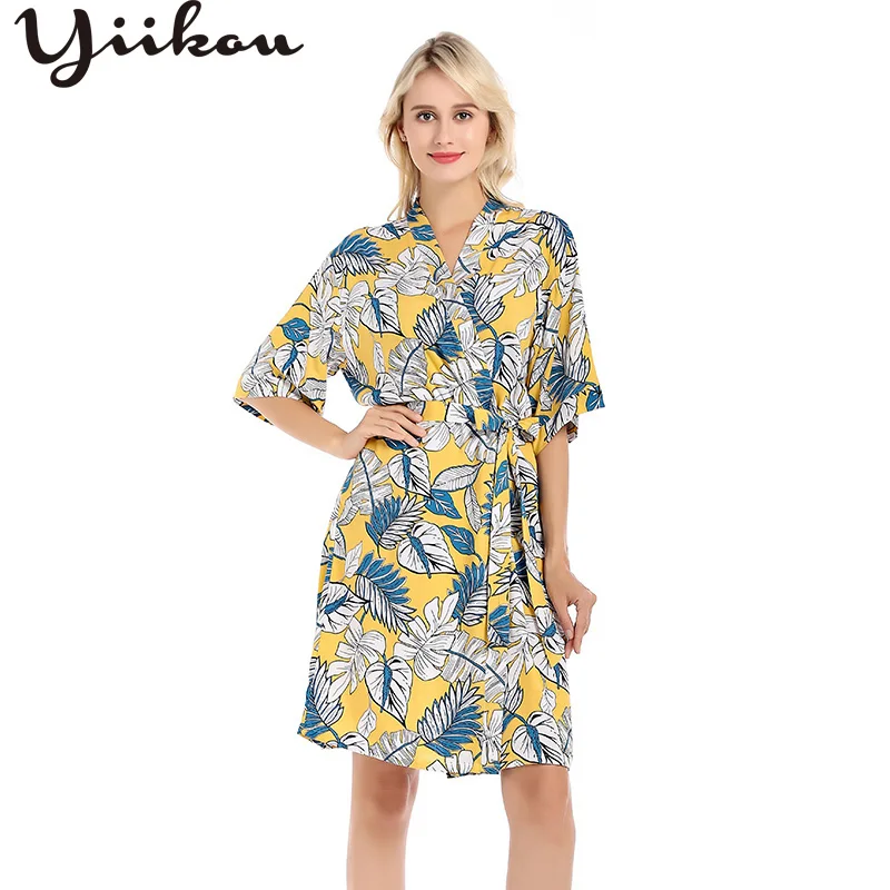 

yiikou Female summer and autumn thin sexy pajamas robe fashion cotton lace cardigan printed home clothes