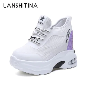 

New 2019 Spring Platform Sneakers 9.5CM High Heel Women Bling Shoes Mesh Wedge Sneakers Summer Breathable Casual Shoes Woman