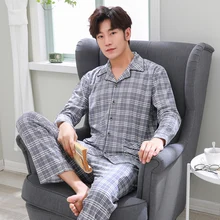 Хлопковые пижамы с длинными рукавами, мужской плед, кардиган, пижамы, повседневная одежда для сна, комплект из двух предметов, пижамы, Зимняя мужская пижама, комплект