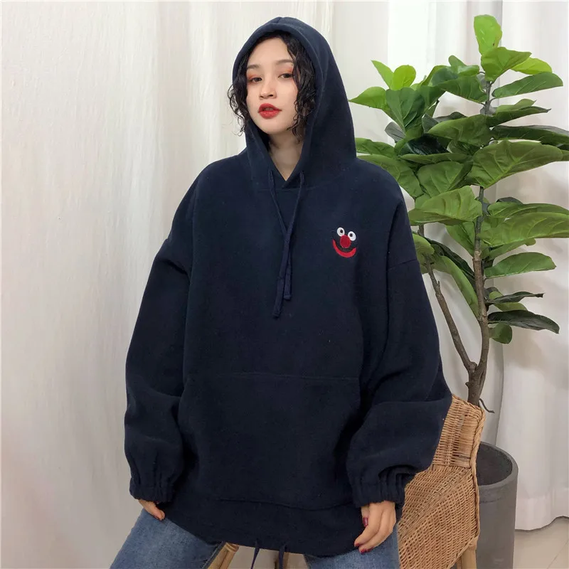  Hoodies Women Cartoon Embroidered Unisex Couple Clothes Hooded Solid Thicker Plus Velvet Loose Pock