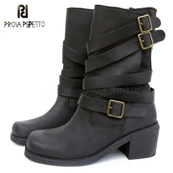 

Prova Perfetto 2018 Top Quality Mid Heel Non-slip Cow Suede Leather Mid Boots Casual Buckle Strap Retro Square Toe Knight Boots