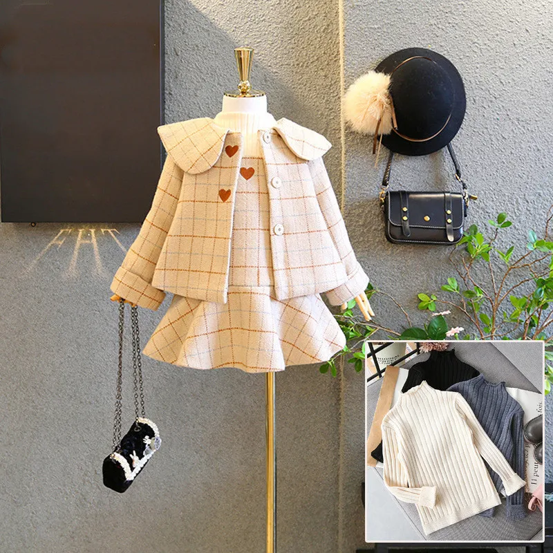 

Baby Winter Clothes Girls Clothing Sets Kids Long Sleeve Woolen Coat+Dress 2Pcs Children GirlsLattice Suits