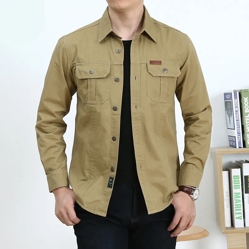  Cargo Shirt Men Christmas Tactical Shirt solid colour Green shirt men long sleeve four season milit