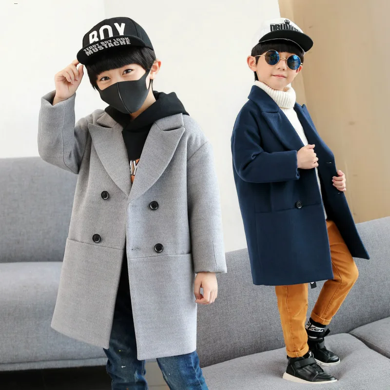 

Children's clothing boy coat 2018 new winter fashion children's long double-breasted blue thick boy woolen coat