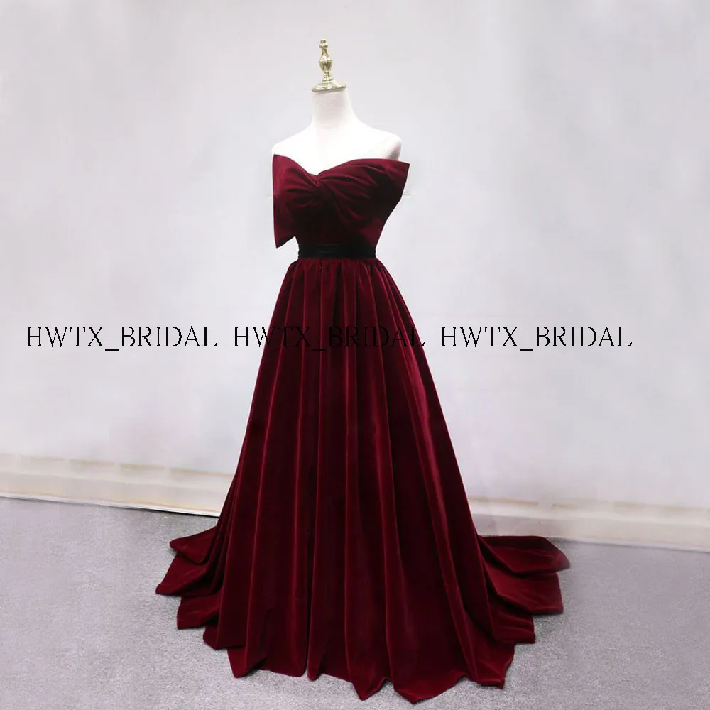 

Burgundy Velvet Evening Dress 2019 Strapless Corset Big Bow Plus Size Long Prom Dresses Formal Party Special Occasion Dress