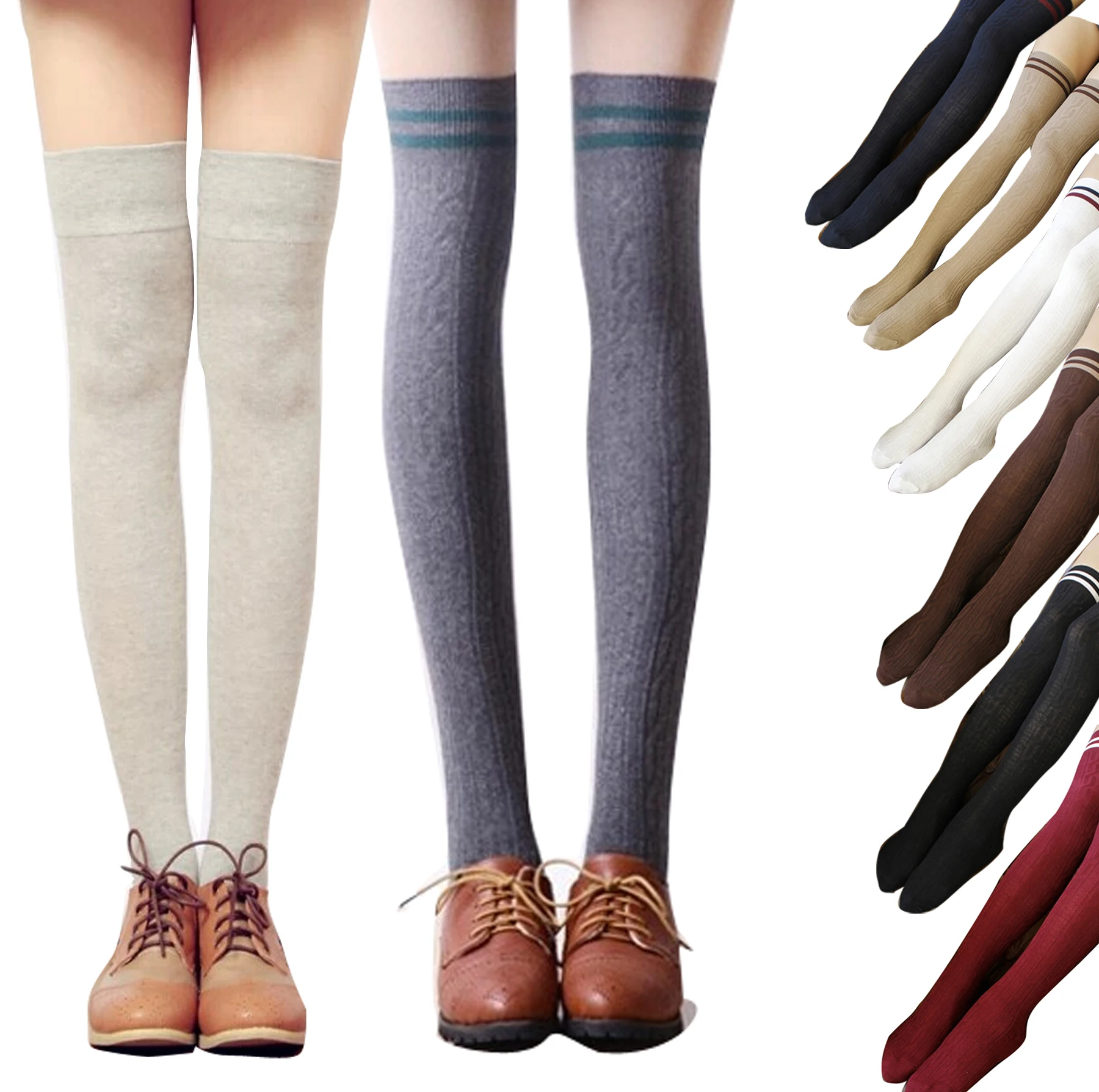 Cotton Knit Warm Thigh High Socks Woman Striped Long Socks Over Knee ...