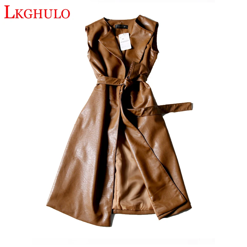 Kopen Koffie Zwart Groen Lange Lederen Vest PU Vrouwen Zachte Vest Dames Lederen Turn down Kraag Vest Colete vrouwelijke Met riem W449