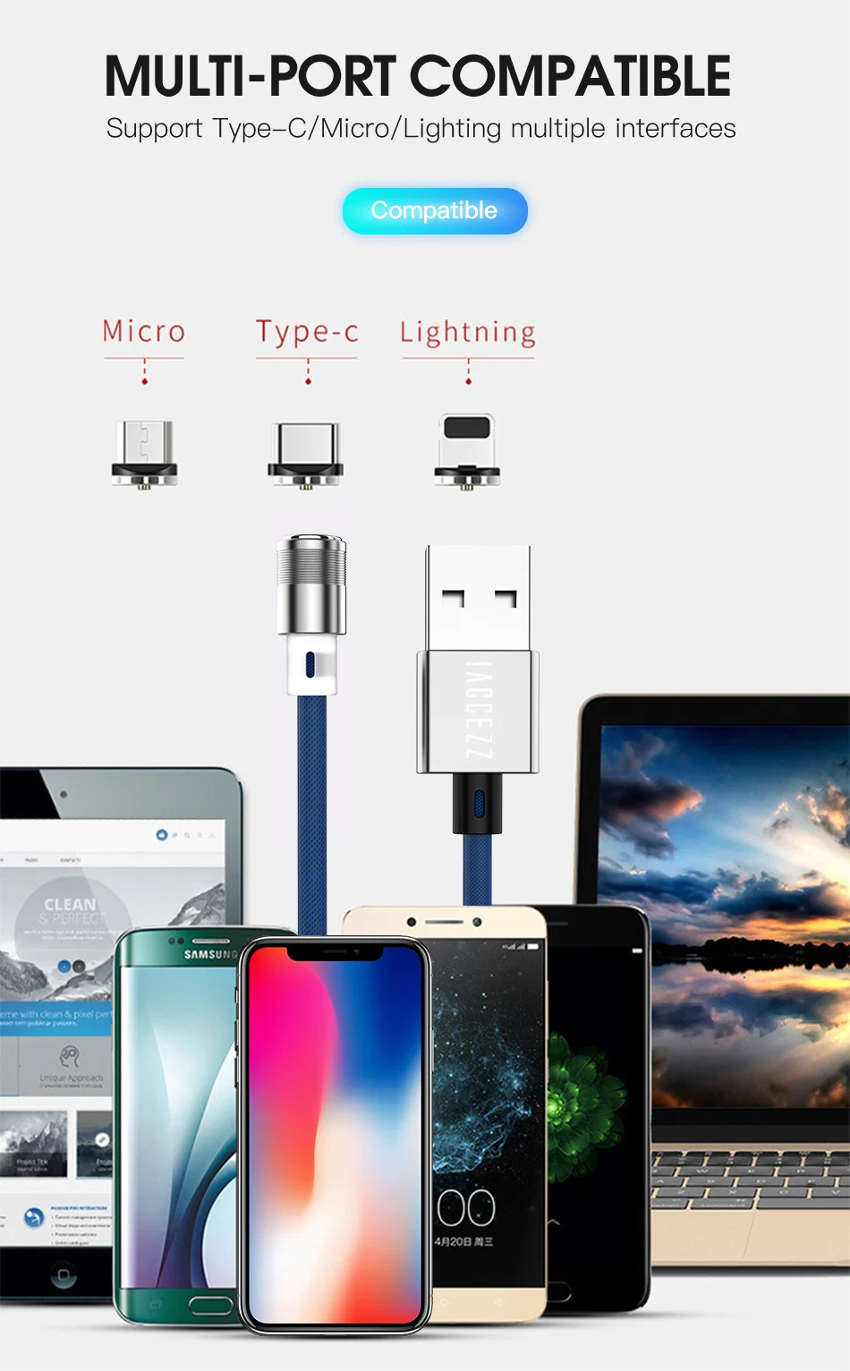 !ACCEZZ Magnetic Cable For Apple Micro USB Type C For iPhone X XS MAX XR 8 Samsung S10 S9 Fast Charging Phone Magnet Charger 1M (11)