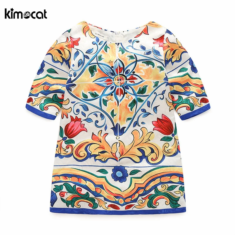 Kimocat/летнее жаккардовое платье принцессы с короткими рукавами для девочек; милые детские Платья с цветочным принтом; Одежда для девочек в английском стиле