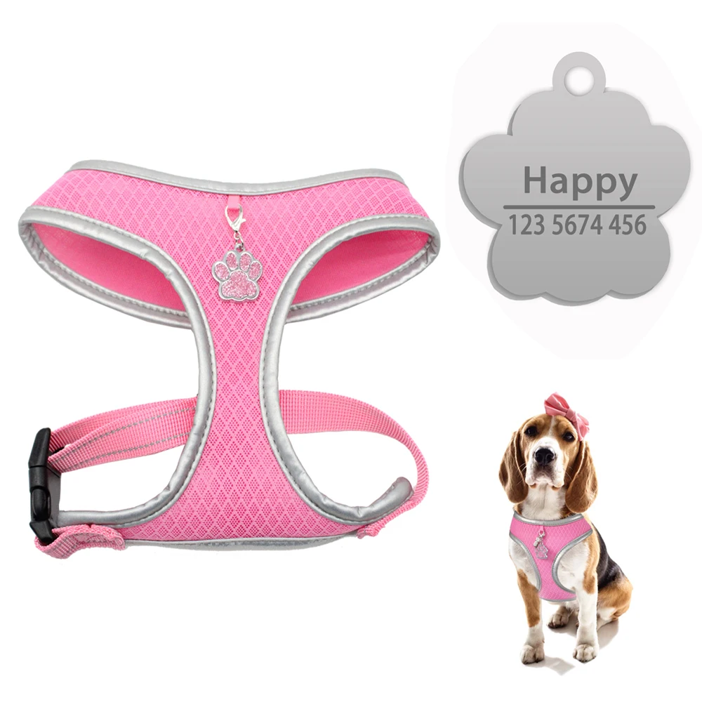 

New Soft Breathable Dog Harness And Paw ID Tag Set Reflective Dog Vest For Small Medium Large Dogs Cats 3Colors Chest Strap