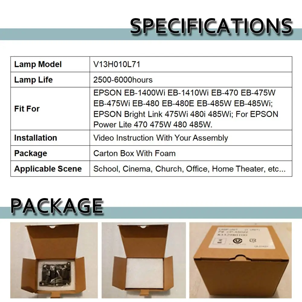 Projector Lamp ELPLP71 For EPSON EB-470 EB-475W EB-480 EB-485W EB-485Wi/PowerLite 470 475W 480 485W 475Wi 480i 485Wi V13h010l71