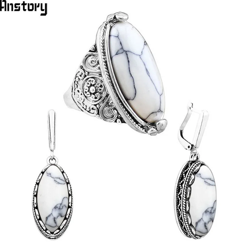 

Eye Shape Synthetic Turquoises Earrings Ring Jewelry Set For Women Vintage Antique Silver Plated Fashion Party Gift