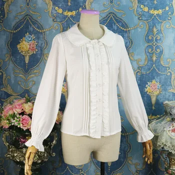 

Sweet Lolita Shirt Long Sleeve Peter Pan Collar White Ruffle Blouse for Ladies