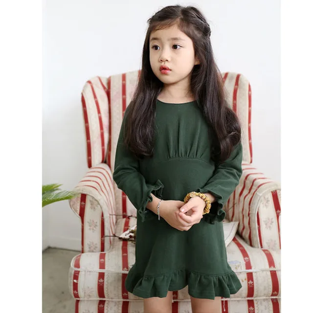 Girls Olive Green Simple Dress Ruffles Solid Color Fall Cotton Princess ...