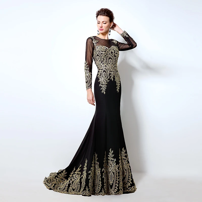 Muslim Evening Dresses Long 2018 High Quality Gold Appliques Mermaid Mother of the Bride Dress African Formal Party Gowns XU040
