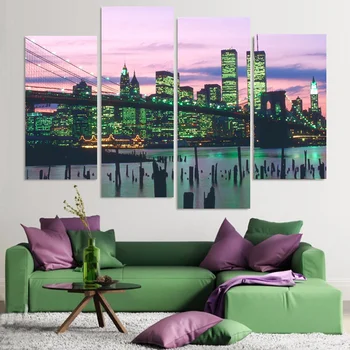 

2016 New Paintings 4 Pcs Brooklyn Bridge Night Landscape Modern Home Wall Decor Canvas Picture Art Hd Print Painting Modular