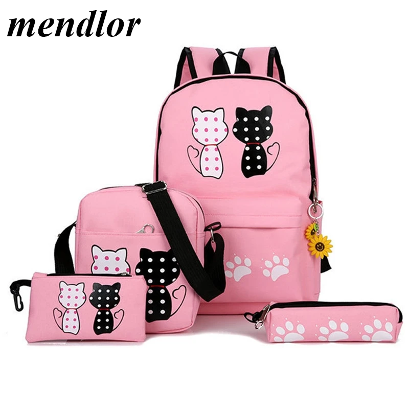 

2019 New Fashion Canvas Backpack Schoolbags Set For Girls Teenagers Casual Children Travel Bags Rucksack Cute Cat Printing