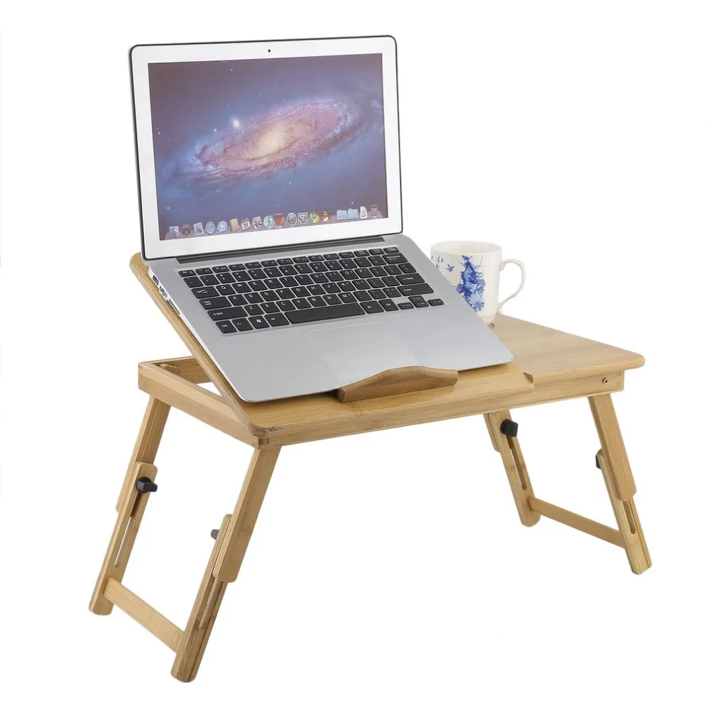 Classical Bamboo Computer Foldable Bed Office Sofa Laptop Stand Desk With Double Cooling Fan Drawer Adjustable Notebook Table